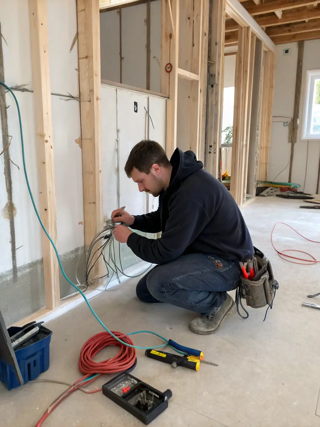 A high-angle, medium shot of an electrician expertly installing new wiring in a modern home's electrical panel, showcasing precision and safety.
