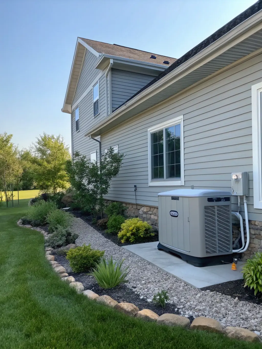 A wide shot of a newly installed home generator during a power outage, with the house lights on, emphasizing reliability and peace of mind.