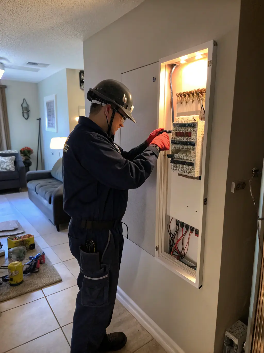 A close-up shot of an electrician upgrading an electrical service panel, with clear labeling and organized wiring, highlighting expertise and attention to detail.